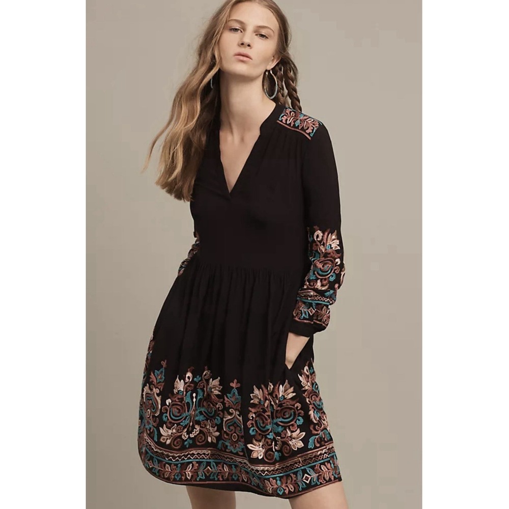 Floreat Anthropologie Black Avery‎ Embroidered Boho Dress SZ S Peasant Artsy
